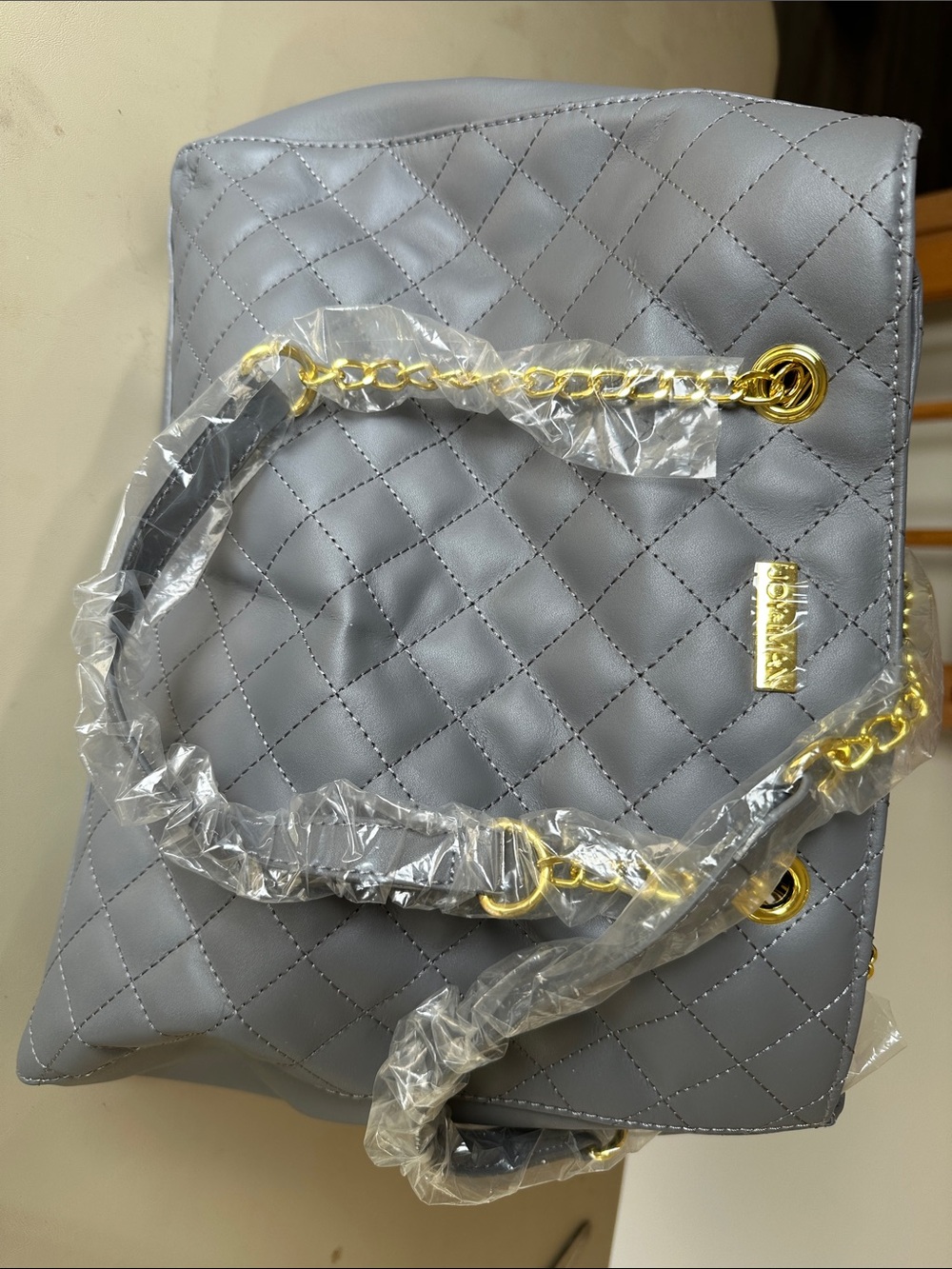 Joy & Iman Quilted Gray Shoulder Bag with Gold Chain